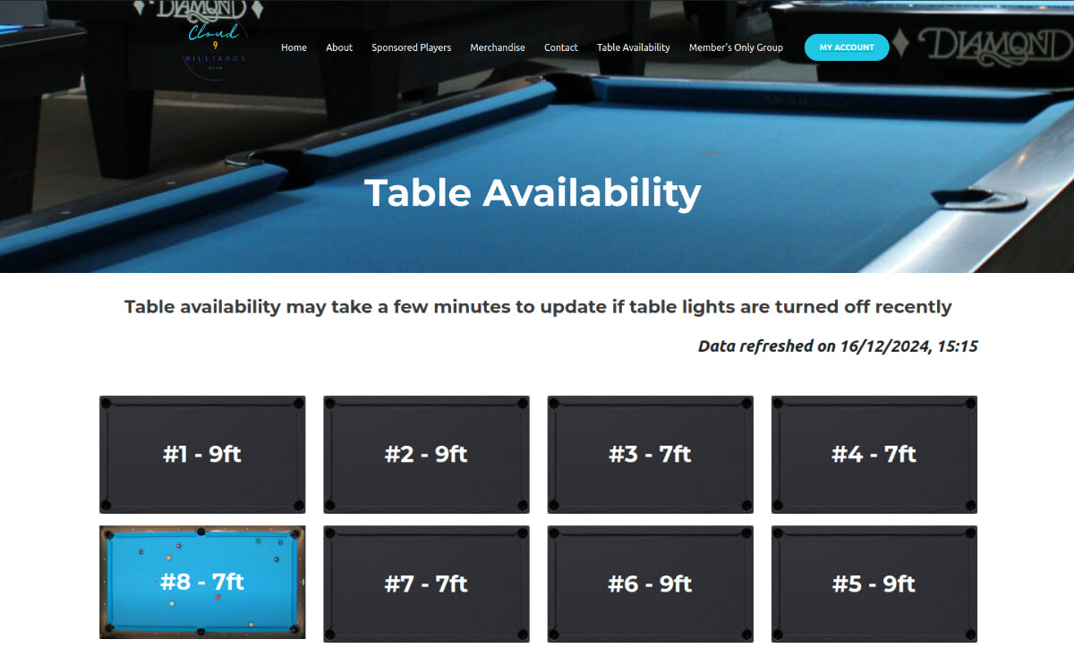 Pool table availablity screen