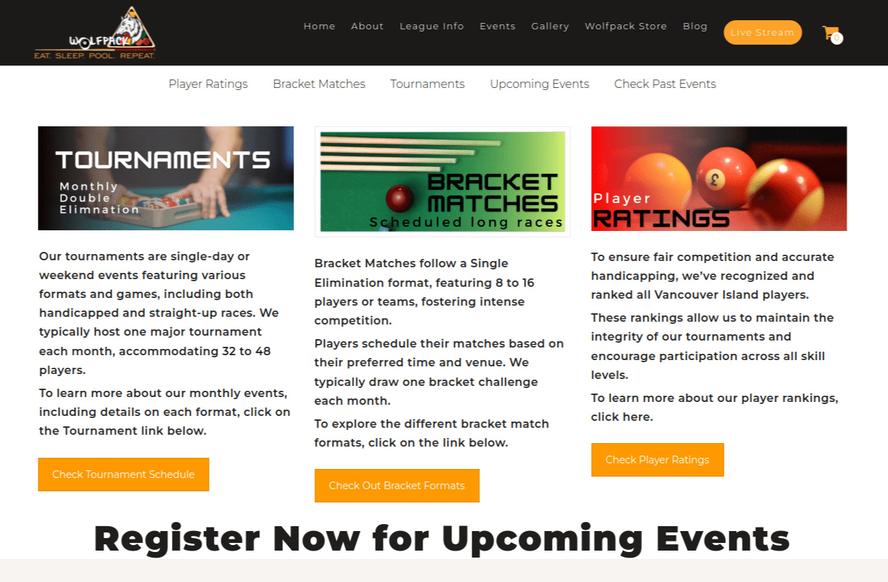 Wolfpack Register Upcoming Events screen