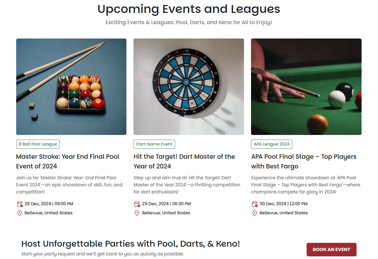 Upcoming events and leagues screen